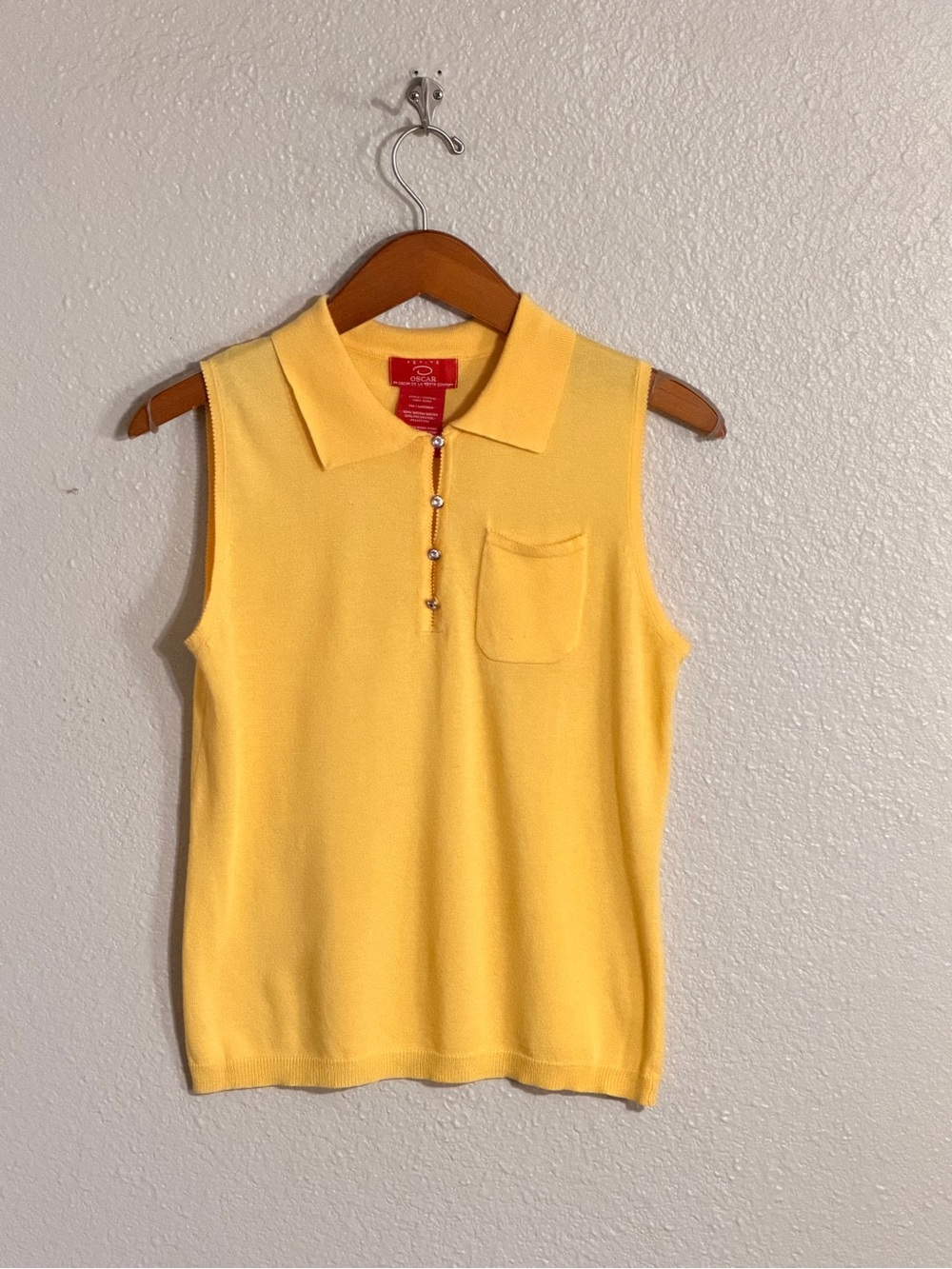 Oscar De La Renta Yellow Knit Sleeveless Top Crystal Buttons